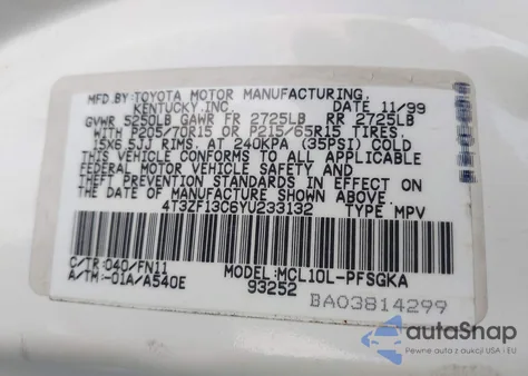 2000 Toyota Sienna Le из США, поврежденный, VIN 4T3ZF13C6YU233132